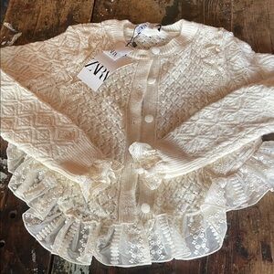 Zara Ivory Lace-Trimmed Knit Cardigan